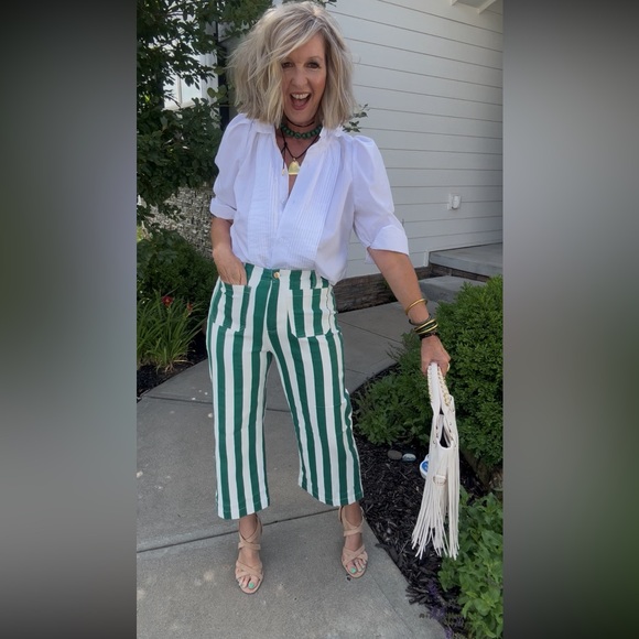 Striped Green and White Women's Pants - Picture 11 of 14